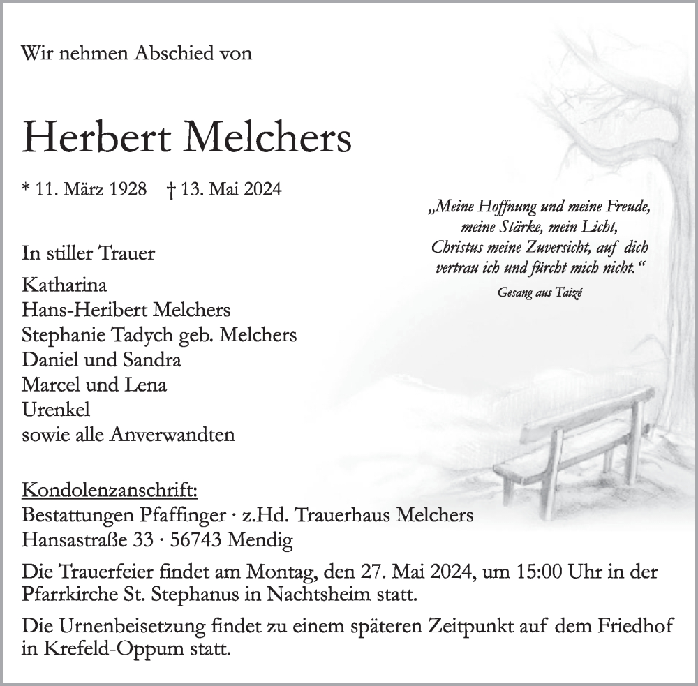  Traueranzeige für Herbert Melchers vom 22.05.2024 aus WochenSpiegel