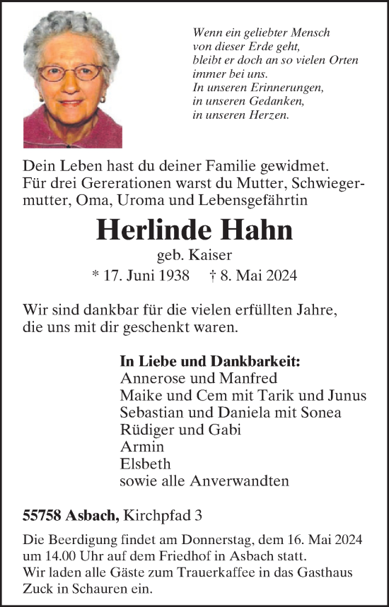 Traueranzeige von Herlinde Hahn von WochenSpiegel