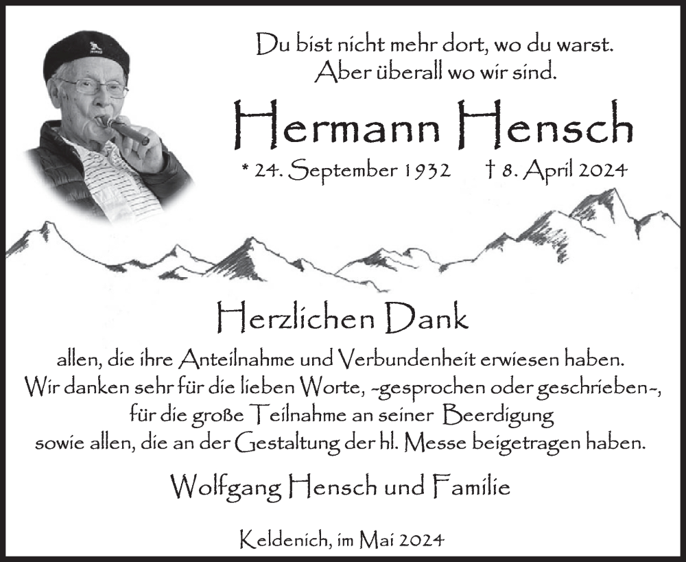  Traueranzeige für Hermann Hensch vom 15.05.2024 aus WochenSpiegel