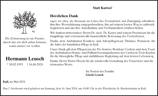 Traueranzeige von Hermann Leusch von WochenSpiegel