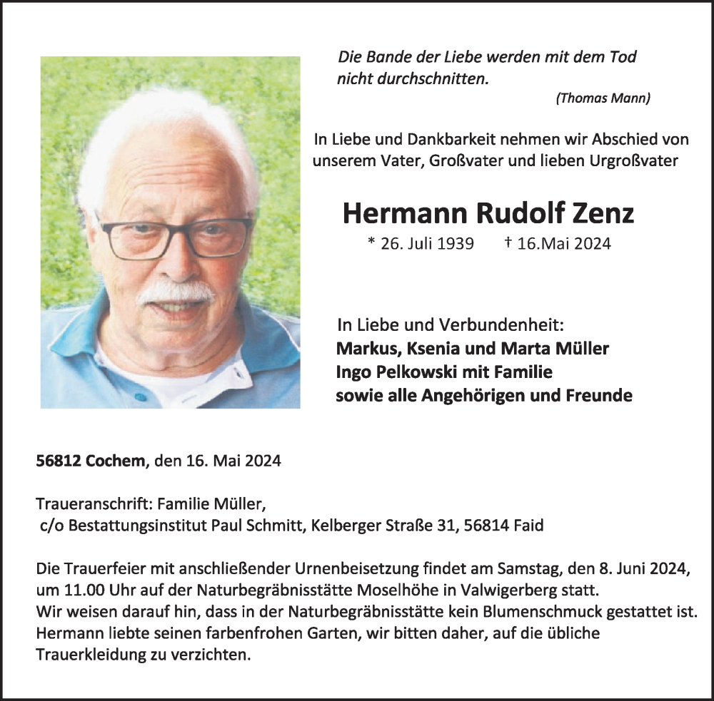  Traueranzeige für Hermann Rudolf Zenz vom 22.05.2024 aus WochenSpiegel