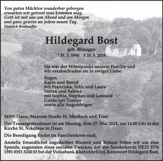 Traueranzeige von Hildegard Bost von WochenSpiegel