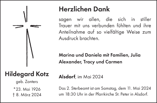Traueranzeige von Hildegard Kotz von WochenSpiegel