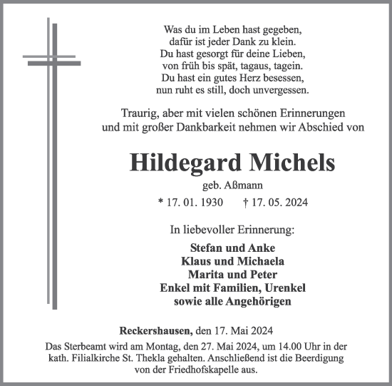 Traueranzeige von Hildegard Michels von WochenSpiegel