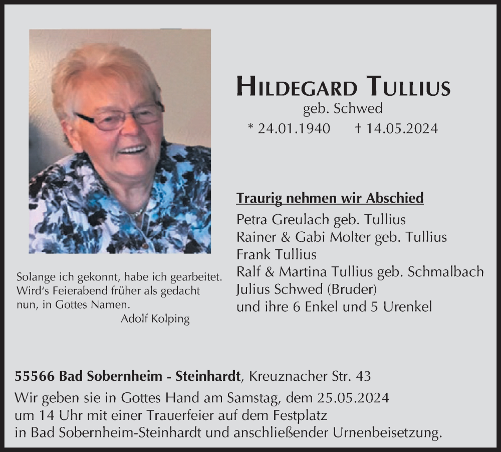  Traueranzeige für Hildegard Tullius vom 25.05.2024 aus WochenSpiegel