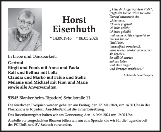 Traueranzeige von Horst Eisenhuth von WochenSpiegel