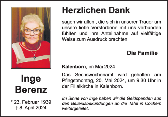Traueranzeige von Inge Berenz von WochenSpiegel