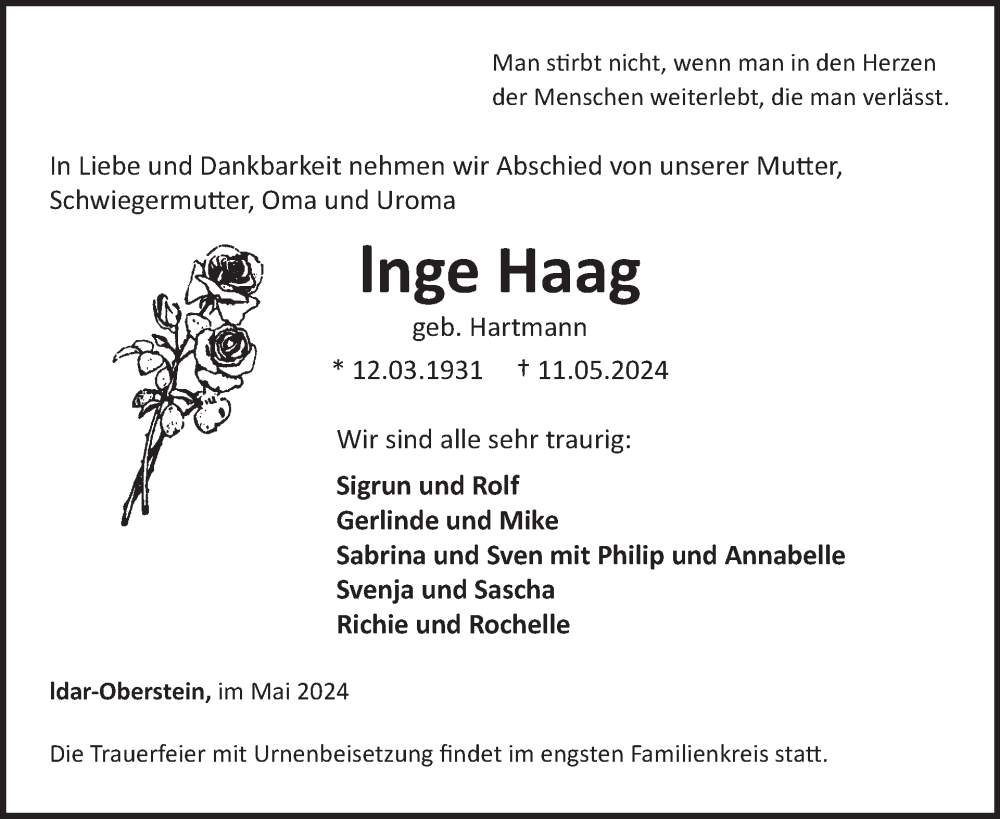  Traueranzeige für Inge Haag vom 18.05.2024 aus WochenSpiegel