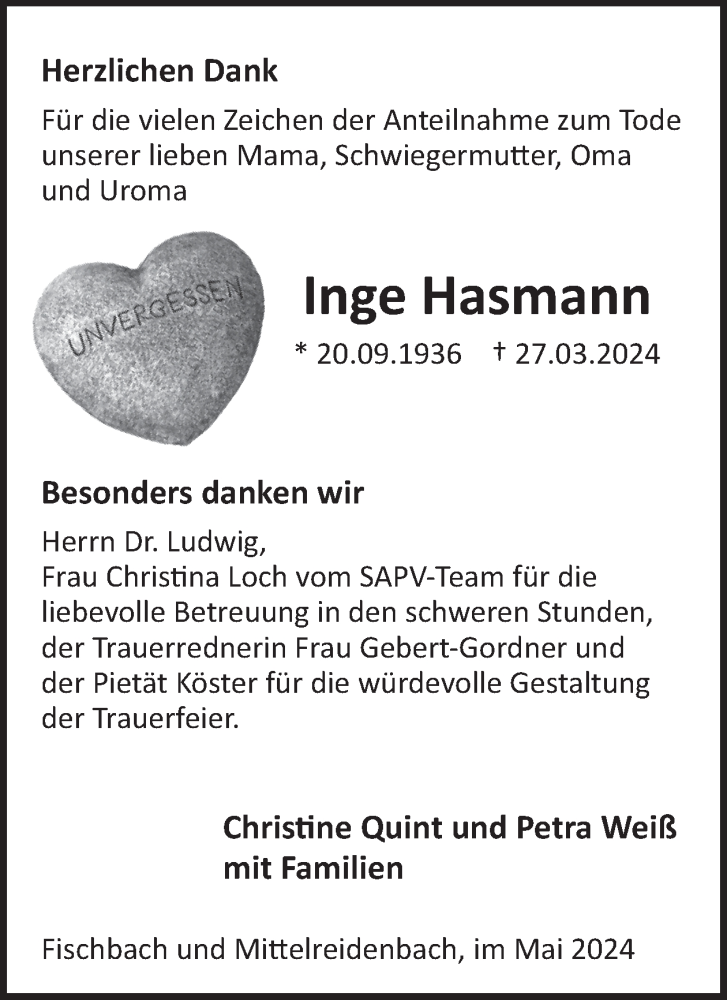  Traueranzeige für Inge Hasmann vom 18.05.2024 aus WochenSpiegel