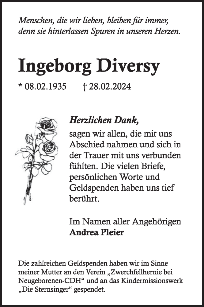  Traueranzeige für Ingeborg Diversy vom 11.05.2024 aus WochenSpiegel