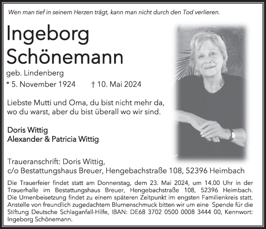 Traueranzeige von Ingeborg Schönemann von WochenSpiegel Trauer