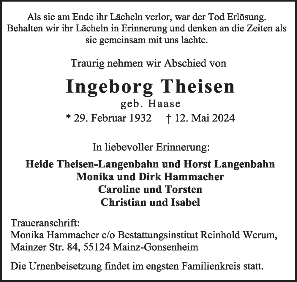  Traueranzeige für Ingeborg Theisen vom 22.05.2024 aus WochenSpiegel