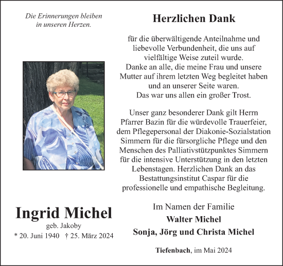 Traueranzeige von Ingrid Michel von WochenSpiegel
