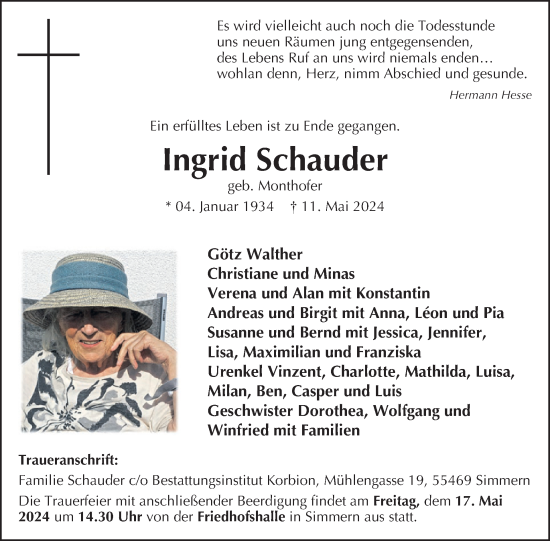 Traueranzeige von Ingrid Schauder von WochenSpiegel