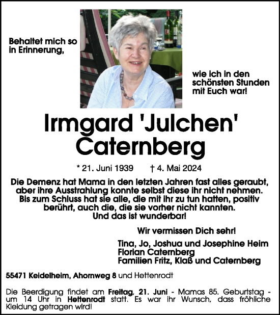 Traueranzeige von Irmgard Caternberg von WochenSpiegel