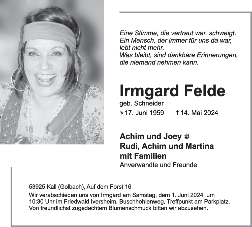  Traueranzeige für Irmgard Felde vom 22.05.2024 aus WochenSpiegel