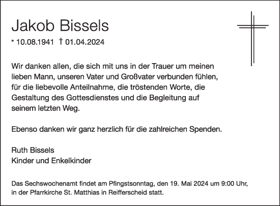 Traueranzeige von Jakob Bissels von WochenSpiegel