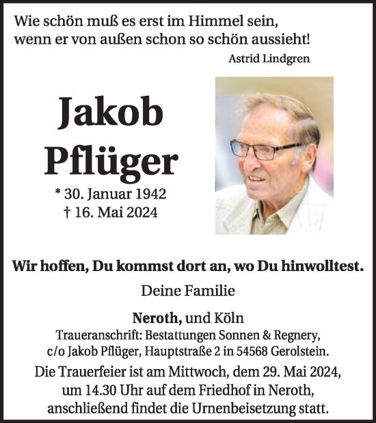 Traueranzeige von Jakob Pflüger von WochenSpiegel