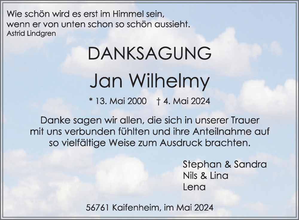  Traueranzeige für Jan Wilhelmy vom 29.05.2024 aus WochenSpiegel