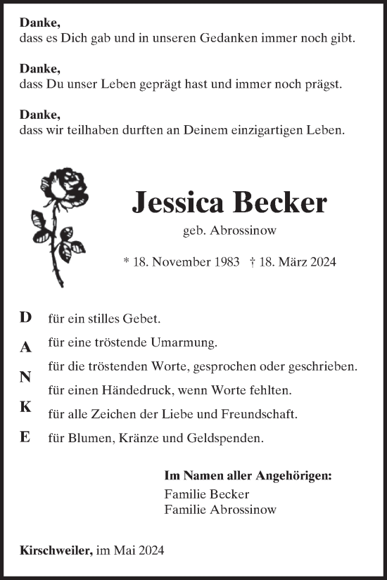 Traueranzeige von Jessica Becker von WochenSpiegel