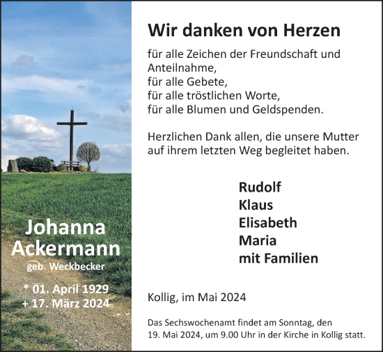 Traueranzeige von Johanna Ackermann von WochenSpiegel