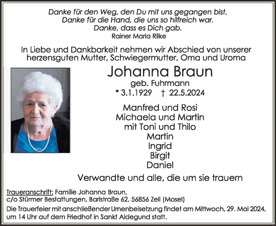 Traueranzeige von Johanna Braun von WochenSpiegel
