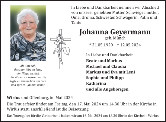 Traueranzeige von Johanna Geyermann von WochenSpiegel