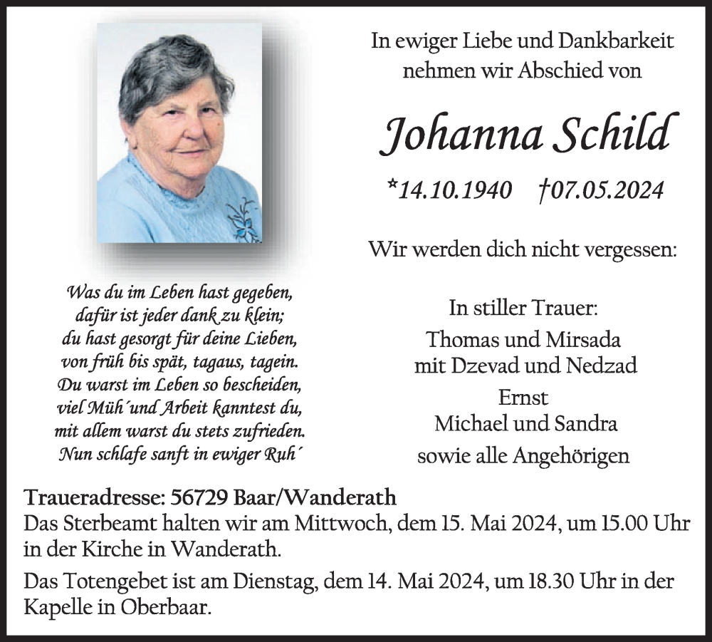  Traueranzeige für Johanna Schild vom 16.05.2024 aus WochenSpiegel