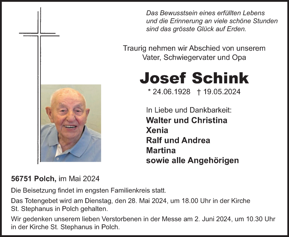  Traueranzeige für Josef Schink vom 29.05.2024 aus WochenSpiegel