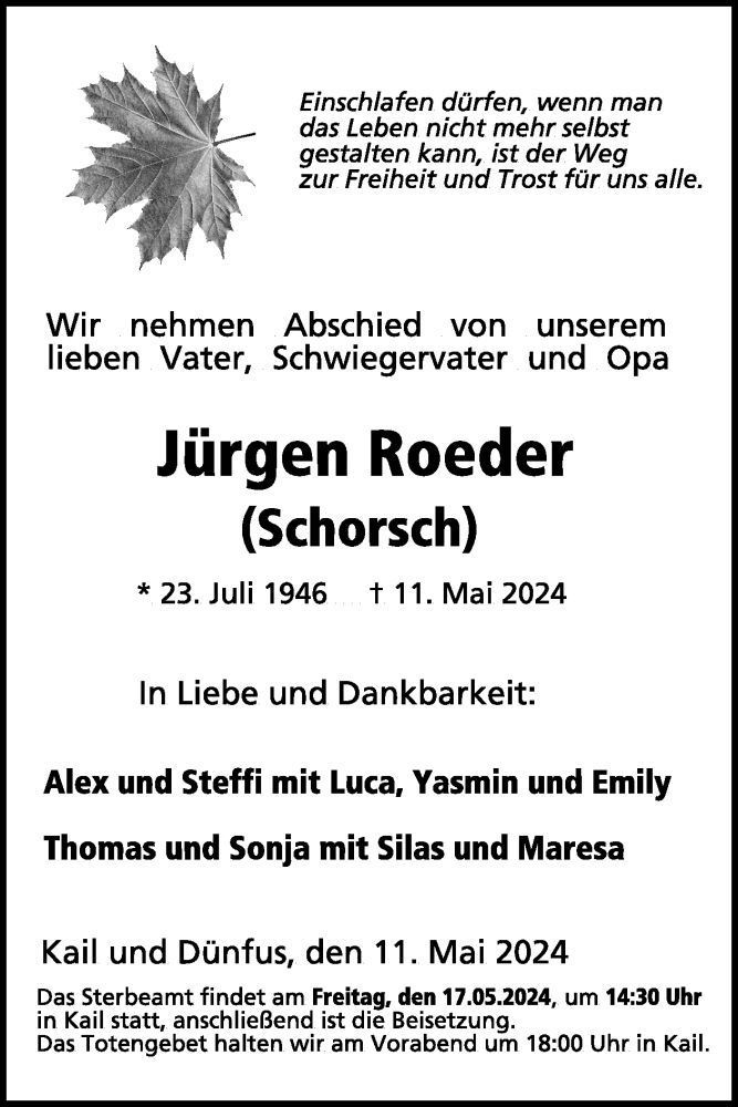  Traueranzeige für Jürgen Roeder vom 14.05.2024 aus WochenSpiegel Trauer