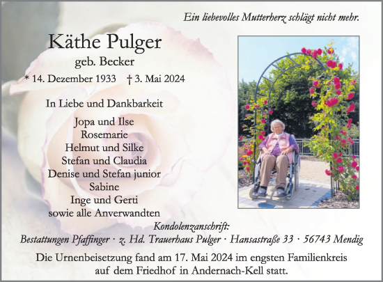 Traueranzeige von Käthe Pulger von WochenSpiegel