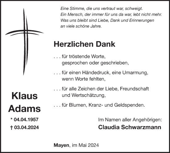 Traueranzeige von Klaus Adams von WochenSpiegel