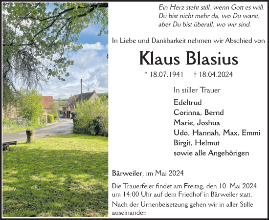 Traueranzeige von Klaus Blasius von WochenSpiegel