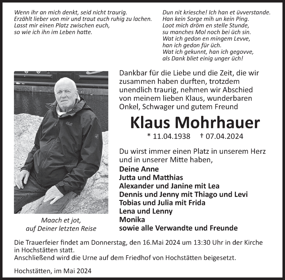  Traueranzeige für Klaus Mohrhauer vom 11.05.2024 aus WochenSpiegel