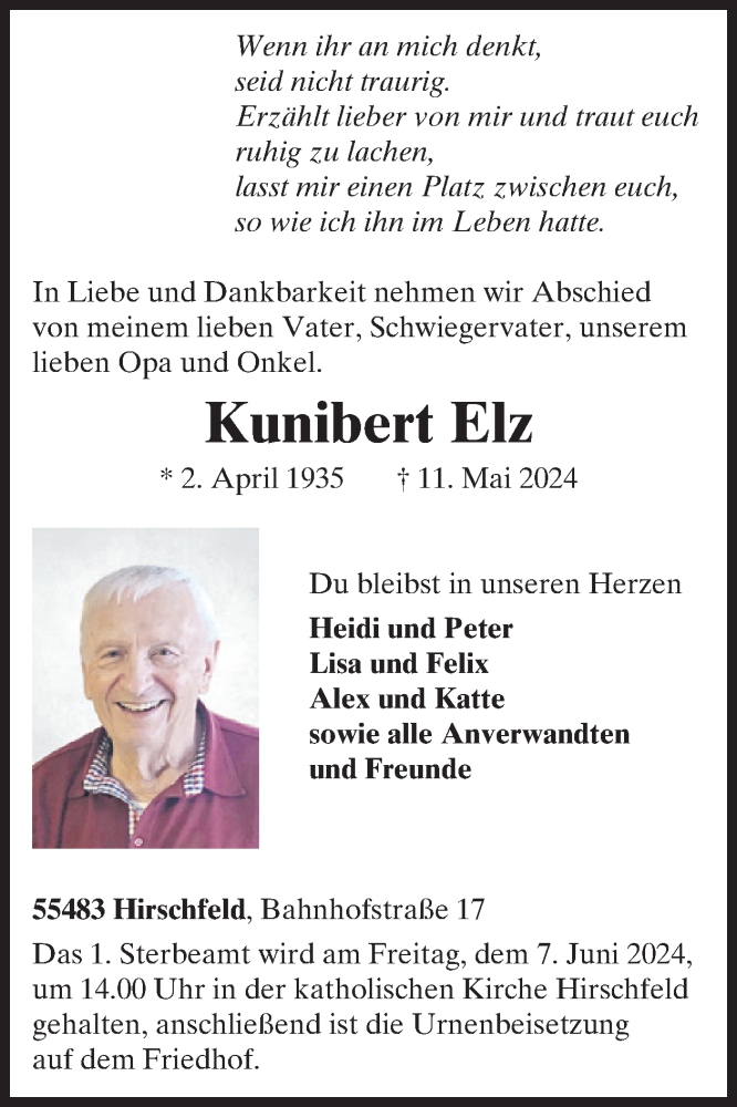  Traueranzeige für Kunibert Elz vom 25.05.2024 aus WochenSpiegel