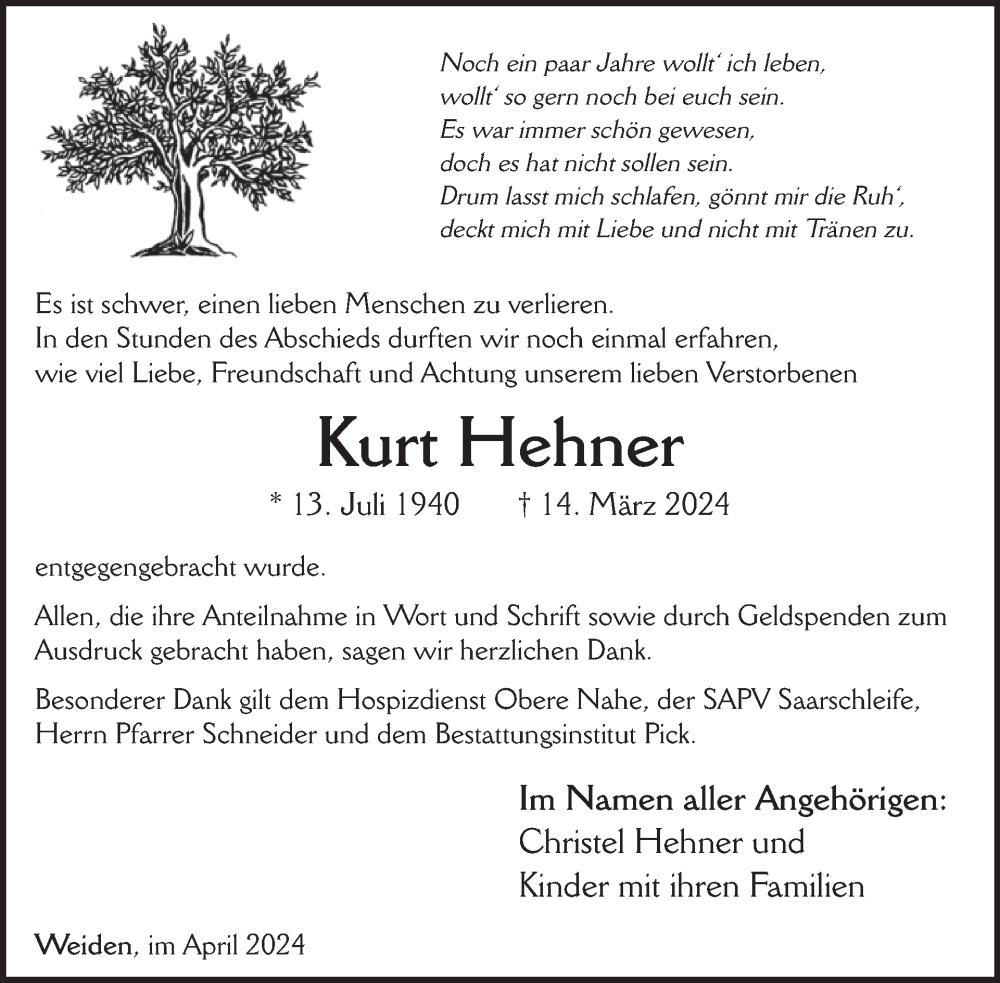  Traueranzeige für Kurt Hehner vom 04.05.2024 aus WochenSpiegel