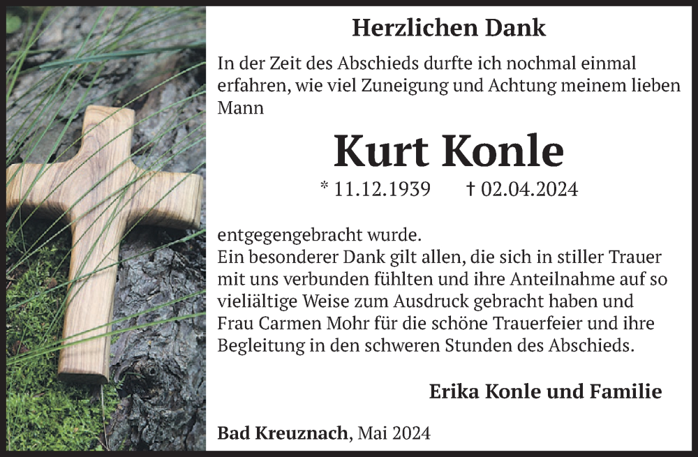  Traueranzeige für Kurt Konle vom 18.05.2024 aus WochenSpiegel