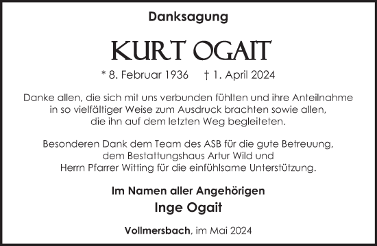 Traueranzeige von Kurt Ogait von WochenSpiegel