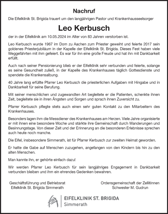 Traueranzeige von Leo Kerbusch von WochenSpiegel