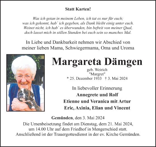 Traueranzeige von Margareta Dämgen von WochenSpiegel