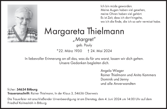 Traueranzeige von Margareta Thielmann von WochenSpiegel