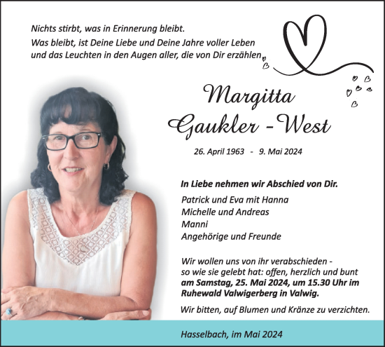 Traueranzeige von Margitta Gaukler-West von WochenSpiegel