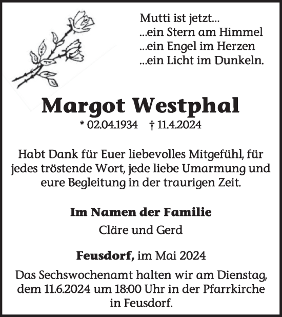 Traueranzeige von Margot Westphal von WochenSpiegel
