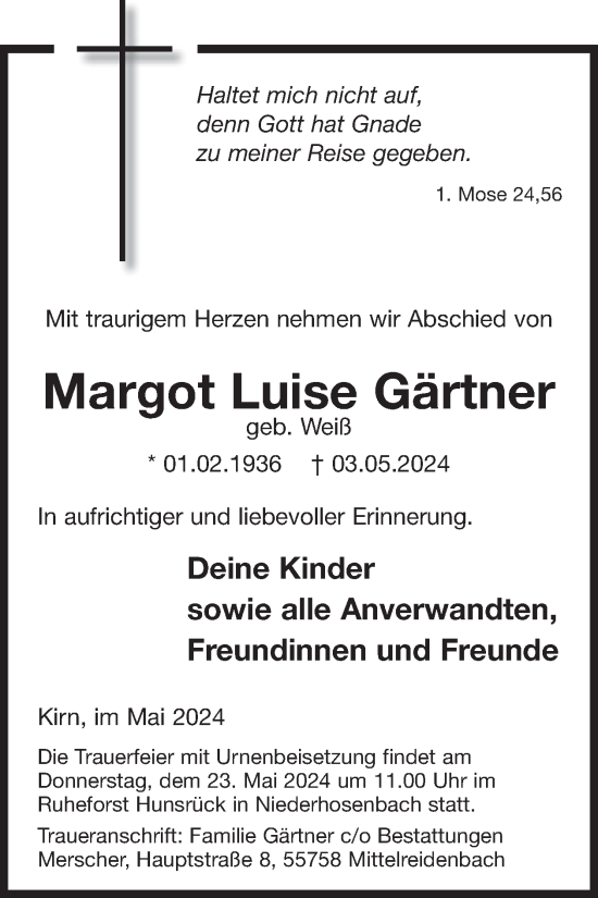 Traueranzeige von Margot Luise Gärtner von WochenSpiegel