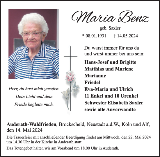 Traueranzeige von Maria Benz von WochenSpiegel