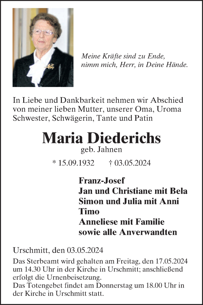  Traueranzeige für Maria Diederichs vom 15.05.2024 aus WochenSpiegel