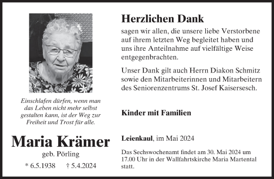 Traueranzeige von Maria Krämer von WochenSpiegel