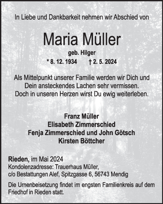Traueranzeige von Maria Müller von WochenSpiegel