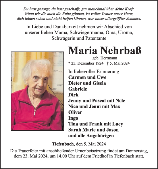 Traueranzeige von Maria Nehrbaß von WochenSpiegel