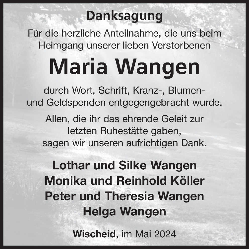  Traueranzeige für Maria Wangen vom 03.05.2024 aus WochenSpiegel